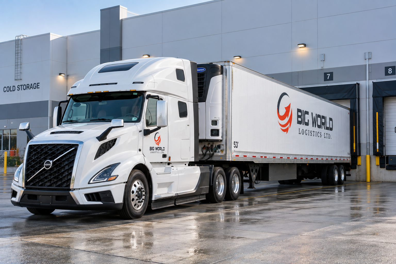 A Big World Logistics refrigerated trailer at a facility
